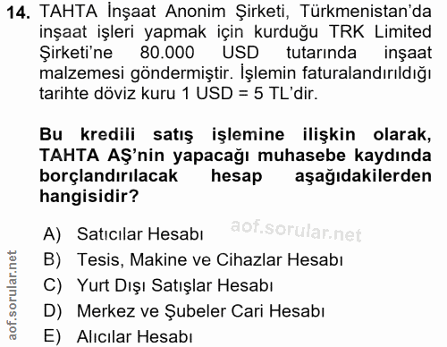 14. soru: TAHTA İnşaat Anonim Şirketi, Türkmenistan'da inşaat işleri yapmak için kurduğu TRK Limited Şirketi'ne 80.000 USD tuta…