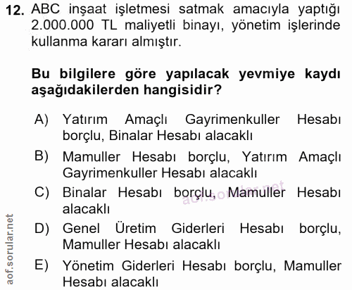 12. soru: ABC inşaat işletmesi satmak amacıyla yaptığı 2.000.000 TL maliyetli binayı, yönetim işlerinde kullanma kararı almıştı…