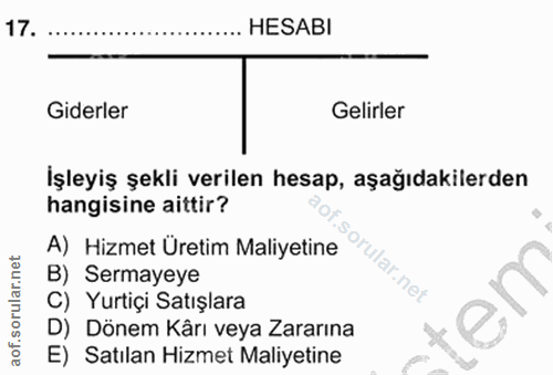 17. soru: ..... HESABI Giderler Gelirler İşleyiş şekli verilen hesap, aşağıdakilerden hangisine aittir? A) Hizmet Üretim Maliye…