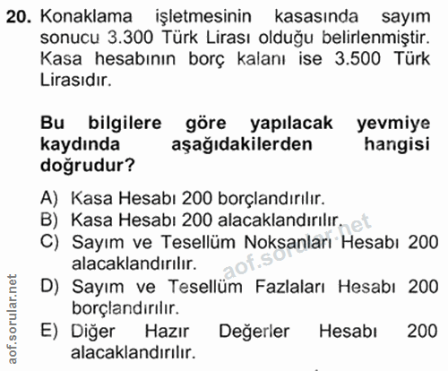 20. soru: Konaklama işletmesinin kasasında sayım sonucu 3.300 Türk Lirası olduğu belirlenmiştir. Kasa hesabının borç kalanı ise…