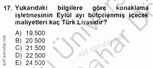 17. soru: Yukarıdaki bilgilere göre konaklama işletmesinin Eylül ayı bütçelenmiş içecek maliyetleri kaç Türk Lirasıdır? A) 19.5…