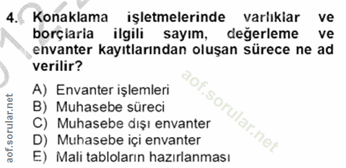4. soru: Konaklama işletmelerinde varlıklar ve borçiaria ilgili sayım, degerleme ve envanter kayıtlarından oluşan sürece ne ad…