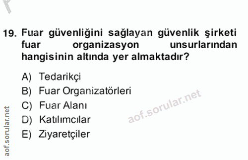 15. soru: Fuar güvenliğini sağlayan güvenlik şirketi fuar organizasyon unsurlarından hangisinin altında yer almaktadır? A) Teda…
