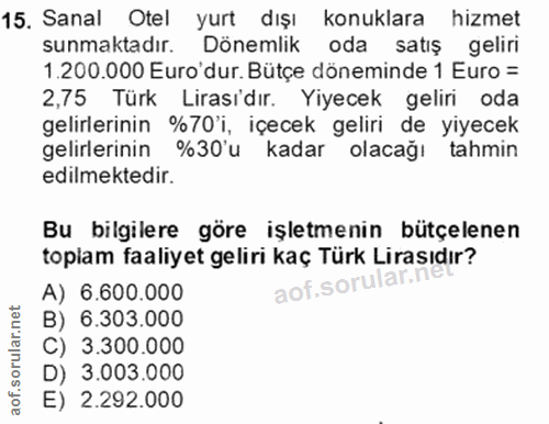 15. soru: Sanal Otel yurt dışı konuklara hizmet sunmaktadır. Dönemlik oda satış geliri 1.200.000 Euro'dur. Bütçe döneminde 1 Eu…
