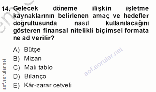 14. soru: Gelecek döneme ilişkin işletme kaynaklarının belirlenen amaç ve hedefler dogrultusunda nasil kullanılacağını gösteren…