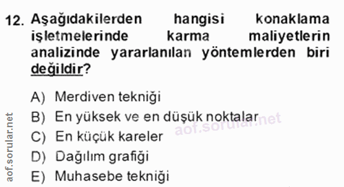 12. soru: Aşağıdakilerden hangisi konaklama işletmelerinde karma maliyetlerin analizinde yararlanılan yöntemlerden biri değildi…