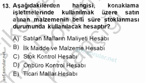 13. soru: Aşağıdakilerden hangisi, konaklama işletmelerinde kullanılmak üzere satın alınan malzemenin belli süre stoklanması du…