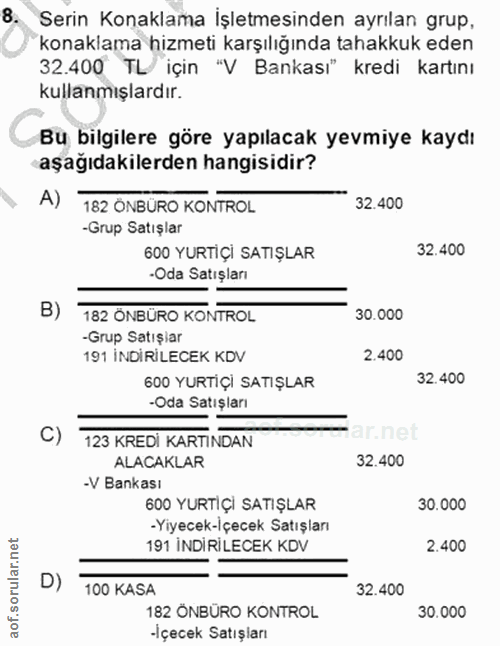 8. soru: Serin Konaklama İşletmesinden ayrılan grup, konaklama hizmeti karşılığında tahakkuk eden 32.400 TL için "V Bankası" k…