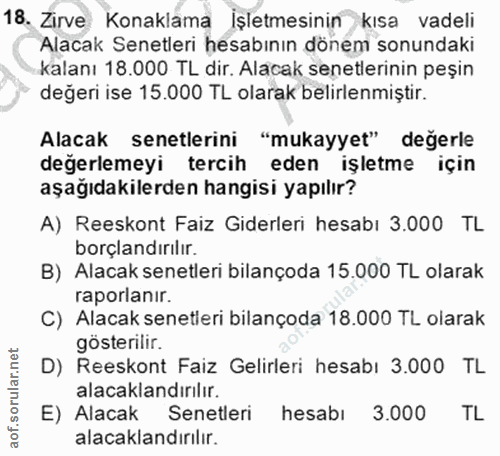 18. soru: Zirve Konaklama İşletmesinin kısa vadeli Alacak Senetleri hesabının dönem sonundaki kalanı 18.000 TL dir. Alacak sene…