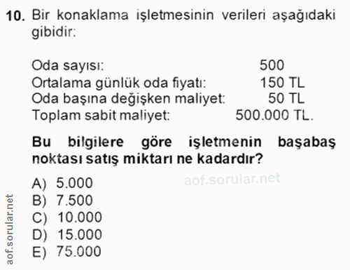 10. soru: Bir konaklama işletmesinin verileri aşağıdaki gibidir: Oda sayısı: 500 Ortalama günlük oda fiyatı: 150 TL Oda başına…