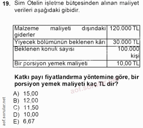 19. soru: Sim Otelin işletme bütçesinden alınan maliyet verileri aşağıdaki gibidir. Malzeme maliyeti dışındaki | 120.000 TL gid…