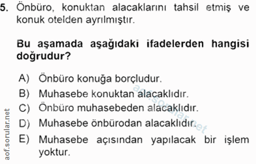 5. soru: Önbüro, konuktan alacaklarını tahsil etmiş ve konuk otelden ayrılmıştır. Bu aşamada aşağıdaki ifadelerden hangisi doğ…