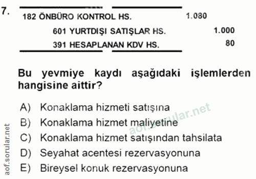 7. soru: 182 ONBÜRO KONTROL HS. 1.080 601 YURTDIŞI SATIŞLAR HS. 1.000 391 HESAPLANAN KDV HS. 80 Bu yevmiye kaydı aşağıdaki işl…