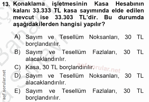 13. soru: Konaklama işletmesinin Kasa Hesabının kalanı 33.333 TL kasa sayımında elde edilen mevcut ise 33.303 TL'dir. Bu durumd…