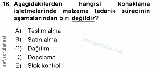 16. soru: Aşağıdakilerden hangisi konaklama işletmelerinde malzeme tedarik sürecinin aşamalarından biri değildir? A) Teslim alm…