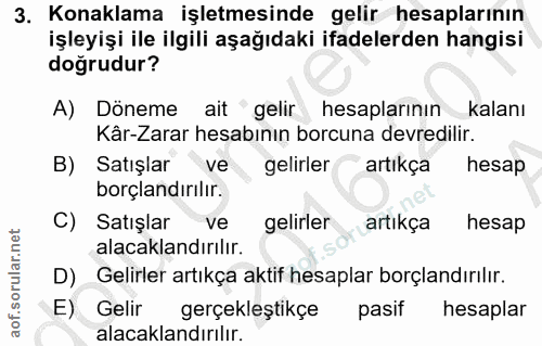 3. soru: Konaklama işletmesinde gelir hesaplarının işleyişi ile ilgili aşağıdaki ifadelerden hangisi doğrudur? A) Döneme ait g…