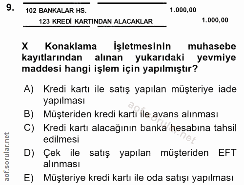 9. soru: 102 BANKALAR HS. 1.000,00 123 KREDI KARTINDAN ALACAKLAR 1.000,00 Konaklama Işletmesinin muhasebe kayıtlarından alınan…