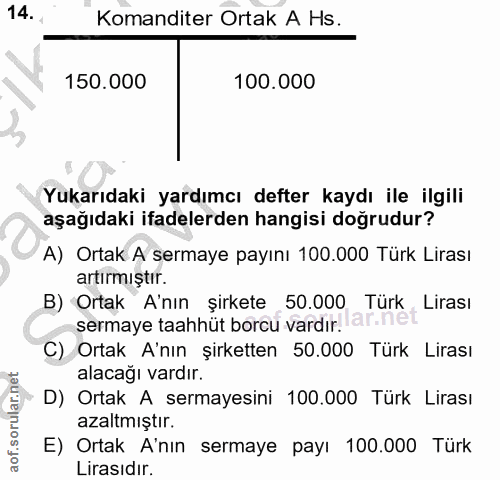 14. soru: - Komanditer Ortak A Hs. 150.000 100.000 Yukarıdaki yardımcı defter kaydı ile ilgili aşağıdaki ifadelerden hangisi do…