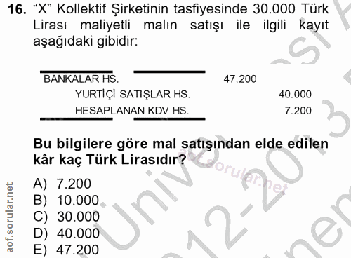 16. soru: "X" Kollektif Şirketinin tasfiyesinde 30.000 Türk Lirası maliyetli malın satışı ile ilgili kayıt aşağıdaki gibidir: B…