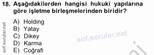 18. soru: Aşağıdakilerden hangisi hukuki yapılarına göre işletme birleşmelerinden biridir? A) Holding B) Yatay C) Dikey D) Karm…