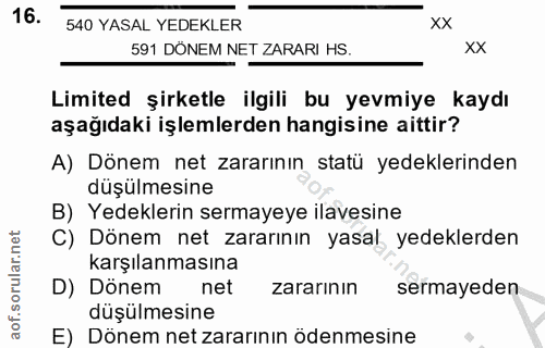16. soru: 540 YASAL YEDEKLER XX 591 DÖNEM NET ZARARI HS. XX Limited şirketle ilgili bu yevmiye kaydı aşağıdaki işlemlerden hang…