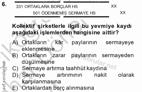 6. soru: 331 ORTAKLARA BORÇLAR HS xX 501 ÖDENMEMİŞ SERMAYE HS XX Kollektif şirketlerle ilgili bu yevmiye kaydı aşağıdaki işlem…