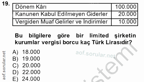 19. soru: Dönem Kârı 100.000 Kanunen Kabul Edilmeyen Giderler 20.000 Vergiden Muaf Gelirler ve Indirimler 10.000 Bu bilgilere g…