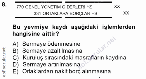 8. soru: 770 GENEL YÖNETİM GIDERLERI HS xx 331 ORTAKLARA BORÇLAR HS xx Bu yevmiye kaydı aşağıdaki işlemlerden hangisine aittir…