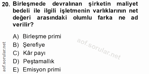 20. soru: Birleşmede devralınan şirketin maliyet bedeli ile ilgili işletmenin varlıklarının net değeri arasındaki olumlu farka…