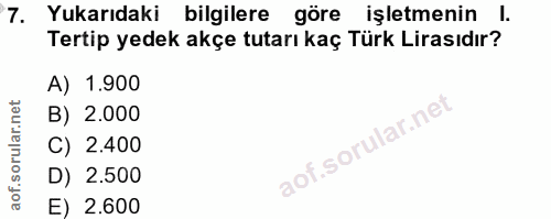 7. soru: Yukarıdaki bilgilere göre işletmenin l. Tertip yedek akçe tutarı kaç Türk Lirasıdır? A) 1.900 B) 2.000 C) 2.400 D) 2.…
