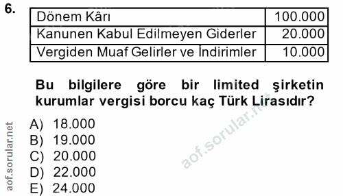 6. soru: Dönem Kârı 100.000 Kanunen Kabul Edilmeyen Giderler 20.000 Vergiden Muaf Gelirler ve Indirimler 10.000 Bu bilgilere g…