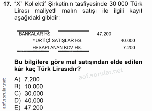 17. soru: "X" Kollektif Şirketinin tasfiyesinde 30.000 Türk Lirası maliyetli malın satışı ile ilgili kayıt aşağıdaki gibidir: B…