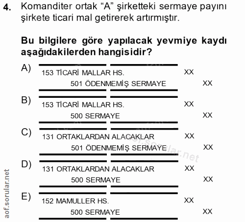 4. soru: Komanditer ortak "A" şirketteki sermaye payını şirkete ticari mal getirerek artırmıştır. Bu bilgilere göre yapılacak…