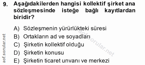 9. soru: Aşağıdakilerden hangisi kollektif şirket ana sözleşmesinde isteğe bağlı kayıtlardan biridir? A) Sözleşmenin yürürlükt…