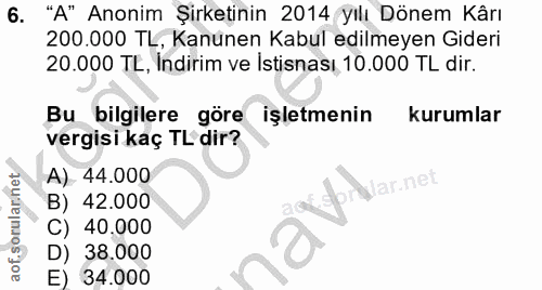 6. soru: "A" Anonim Şirketinin 2014 yılı Dönem Kârı 200.000 TL, Kanunen Kabul edilmeyen Gideri 20.000 TL, İndirim ve İstisnası…