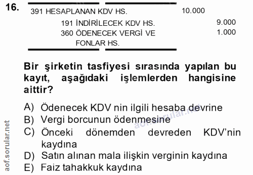 16. soru: 391 HESAPLANAN KDV HS. 10.000 191 İNDİRİLECEK KDV HS. 9.000 360 ÖDENECEK VERGİ VE 1.000 FONLAR HS. Bir şirketin tasfi…