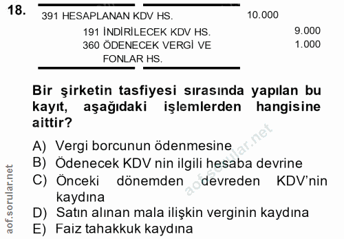 18. soru: 391 HESAPLANAN KDV HS. 10.000 191 INDIRILECEK KDV HS 9.000 360 ÖDENECEK VERGI VE 1.000 FONLAR HS. Bir şirketin tasfiy…