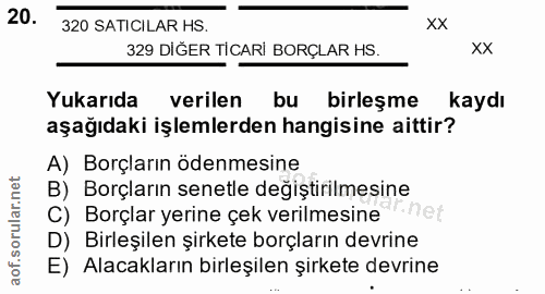 20. soru: 320 SATICILAR HS. 320 SATICILAR HS. 329 DİĞER TİCARİ BORÇLAR HS. XX Yukarıda verilen bu birleşme kaydı aşağıdaki işle…