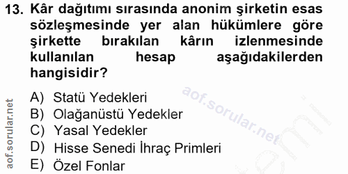 13. soru: Kâr dağıtımı sırasında anonim şirketin esas sözleşmesinde yer alan hükümlere göre şirkette bırakılan kârın izlenmesin…