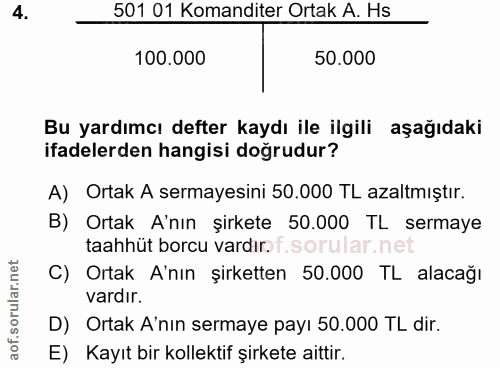 4. soru: 501 01 Komanditer Ortak A. Hs 100.000 50.000 Bu yardımcı defter kaydı ile ilgili aşağıdaki ifadelerden hangisi doğrud…