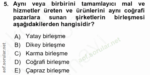 5. soru: Aynı veya birbirini tamamlayıcı mal ve hizmetler üreten ve ürünlerini aynı coğrafi pazarlara sunan şirketlerin birleş…