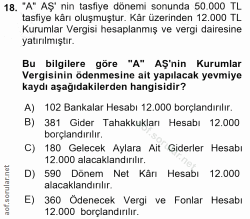 18. soru: "A" AŞ' nin tasfiye dönemi sonunda 50.000 TL tasfiye kârı oluşmuştur. Kâr üzerinden 12.000 TL Kurumlar Vergisi hesapl…