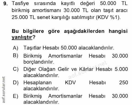 9. soru: Tasfiye sırasında kayıtlı değeri 50.000 TL birikmiş amortismanı 30.000 TL olan taşıt aracı 25.000 TL senet karşılığı…
