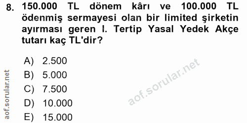 8. soru: 150.000 TL dönem kârı ve 100.000 TL ödenmiş sermayesi olan bir limited şirketin ayırması geren I. Tertip Yasal Yedek…