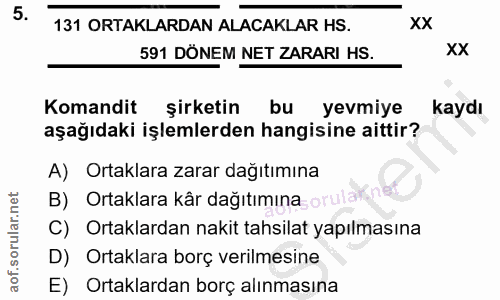 5. soru: 131 ORTAKLARDAN ALACAKLAR HS. xX 591 DÖNEM NET ZARARI HS. XX Komandit şirketin bu yevmiye kaydı aşağıdaki işlemlerden…