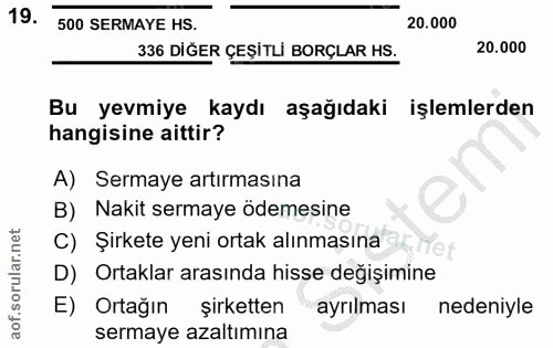 19. soru: 500 SERMAYE HS. 20.000 336 DİĞER ÇEŞİTLİ BORÇLAR HS. 20.000 Bu yevmiye kaydı aşağıdaki işlemlerden hangisine aittir?…