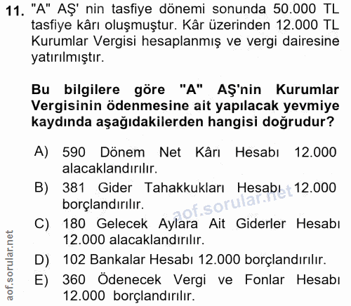 11. soru: "A" AŞ' nin tasfiye dönemi sonunda 50.000 TL tasfiye kârı oluşmuştur. Kâr üzerinden 12.000 TL Kurumlar Vergisi hesapl…