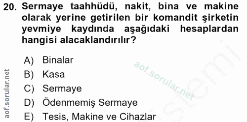 20. soru: Sermaye taahhüdü, nakit, bina ve makine olarak yerine getirilen bir komandit şirketin yevmiye kaydında aşağıdaki hesa…