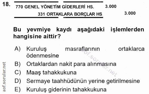 18. soru: 770 GENEL YÖNETİM GİDERLERİ HS. 3.000 331 ORTAKLARA BORÇLAR HS 3.000 Bu yevmiye kaydı aşağıdaki işlemlerden hangisine…