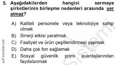 5. soru: Aşağıdakilerden hangisi sermaye şirketlerinin birleşme nedenleri arasında yer almaz? A) Kaliteli personele veya tekno…